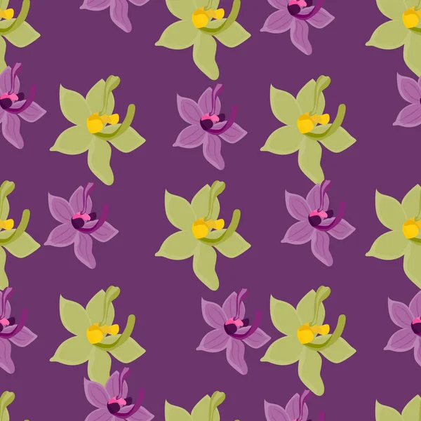 Bloom Natuur Naadloos Patroon Met Roze Orchidee Bloemen Silhouetten Paarse — Stockvector