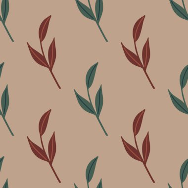 İskandinav desenli, yaprakları İskandinav süsü. Bej arka plan. Doğa arkaplanı. Kumaş tasarımı, tekstil baskısı, ambalaj ve kapak için mükemmel. Vektör illüstrasyonu.