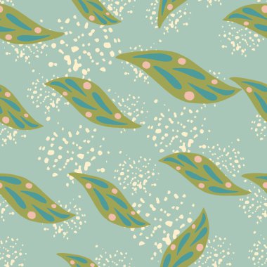 Elle çizilmiş yeşil yaprak elementlerinin yazılı olduğu dikişsiz desen. Mavi arka plan ve sıçramalar. Kumaş tasarımı için dekoratif zemin, tekstil baskısı, ambalaj, kapak. Vektör illüstrasyonu.