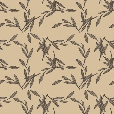 Güz mevsimi, gri yapraklı dalların şekilleriyle, pürüzsüz, soluk bir desen. Bej arka plan. Karalama baskısı. Kumaş tasarımı, tekstil baskısı, ambalaj ve kapak için mükemmel. Vektör illüstrasyonu.