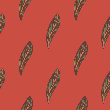 Yeşil karalama yaprağı elementleriyle botanik kusursuz doğa deseni. Kırmızı arka plan. Soyut stil. Kumaş tasarımı, tekstil baskısı, ambalaj ve kapak için mükemmel. Vektör illüstrasyonu.