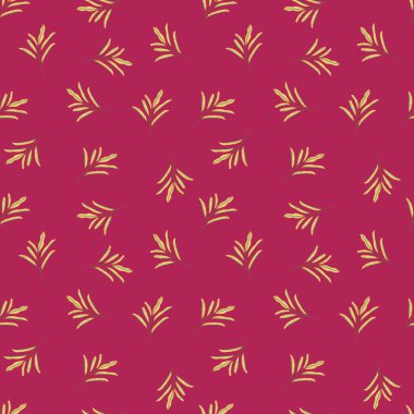 Çiçekli, sade yaprak dalları olan parlak, pürüzsüz bir desen. Pembe arka plan. Rastgele bahar baskısı. Kumaş tasarımı, tekstil baskısı, ambalaj ve kapak için tasarlandı. Vektör illüstrasyonu.