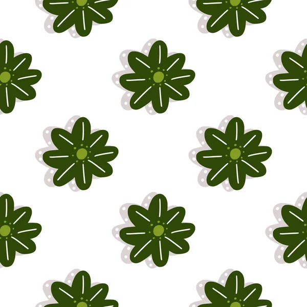 Isolated Seamless Pattern Green Hand Drawn Daisy Flowers Shadow White — Stock Vector