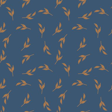 Botanik portakalı, basit bir İskandinav dalı süsü. Deniz mavisi. Mevsimlik sonbahar arkaplanı. Kumaş tasarımı, tekstil baskısı, ambalaj ve kapak için mükemmel. Vektör illüstrasyonu.