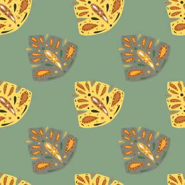 Sarı ve gri, yaratıcı halk canavarları karalama stilinde kusursuz desenler. Turkuaz arka plan. Kumaş tasarımı, tekstil baskısı, ambalaj ve kapak için tasarlandı. Vektör illüstrasyonu.