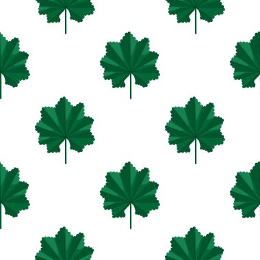 İzole edilmiş el, yeşil, soyut orman yaprağı siluetleri dikişsiz desen çizmiş. Beyaz arka plan. Doodle tarzı. Kumaş tasarımı, tekstil baskısı, ambalaj ve kapak için tasarlandı. Vektör illüstrasyonu.