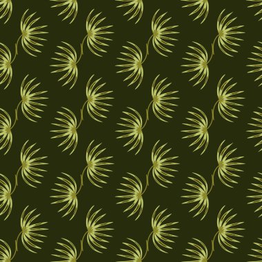 Doğa, zeytinli, küçük tropik çalı siluetleriyle kusursuz desen çiziyor. Koyu yeşil arka plan. Basit bir tarz. Kumaş tasarımı, tekstil baskısı, ambalaj ve kapak için tasarlandı. Vektör illüstrasyonu.