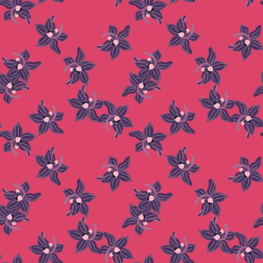 Donanma mavisi rastgele orkide çiçekleri, tropik tarzda kusursuz desenler. Pembe parlak arka plan. Doodle tarzı. Kumaş tasarımı, tekstil baskısı, ambalaj ve kapak için tasarlandı. Vektör illüstrasyonu.