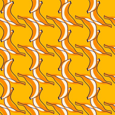 Basit şekillendirilmiş muz meyve süsüyle, parlak, soyut, pürüzsüz bir desen. Turuncu ve sarı renkler. Kumaş tasarımı, tekstil baskısı, ambalaj ve kapak için mükemmel. Vektör illüstrasyonu.