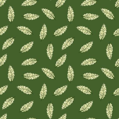 Elle çizilmiş siluetlerle botanik desensiz desen. Yeşil arka plan. Kumaş tasarımı için dekoratif zemin, tekstil baskısı, ambalaj, kapak. Vektör illüstrasyonu.