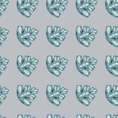 Folk canavarı elementleriyle tropik, pürüzsüz bir desen. Mavi pastel arka plan. Doodle tarzı. Kumaş tasarımı, tekstil baskısı, ambalaj ve kapak için tasarlandı. Vektör illüstrasyonu.