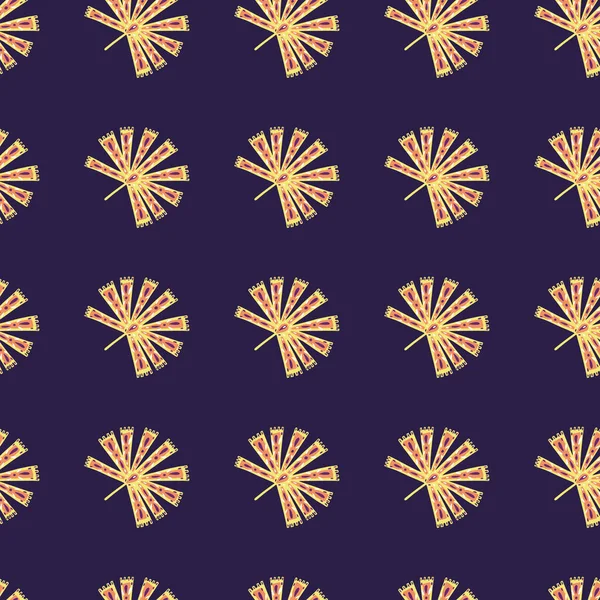ネイビーブルーを基調に民間のリカラヤシの飾りと黄色のコントラストシームレスなパターン ファブリックデザイン テキスタイルプリント ラッピング カバーのための装飾的な背景 ベクターイラスト — ストックベクタ