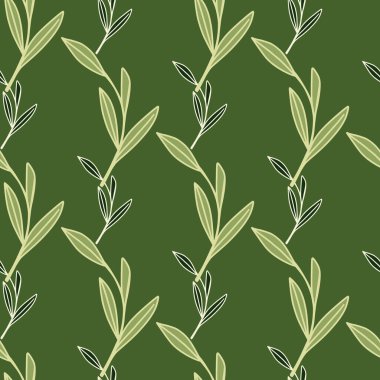 Dekoratif ana hatları ağaç dalları süslemeli karalama desenli. Yeşil arka plan. Kumaş tasarımı, tekstil baskısı, ambalaj ve kapak için mükemmel. Vektör illüstrasyonu.