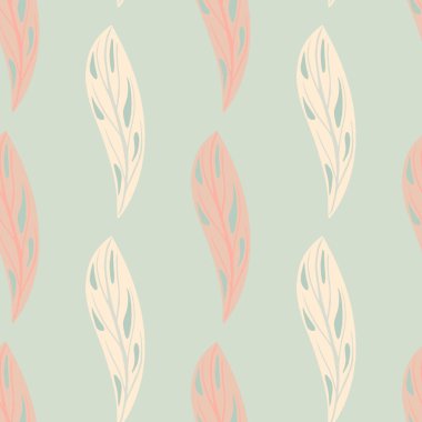 Pastel, basit pembe soyut yaprak şekilleriyle pürüzsüz bir desen çizer. Mavi ışık arka planı. Kumaş tasarımı, tekstil baskısı, ambalaj ve kapak için tasarlandı. Vektör illüstrasyonu.