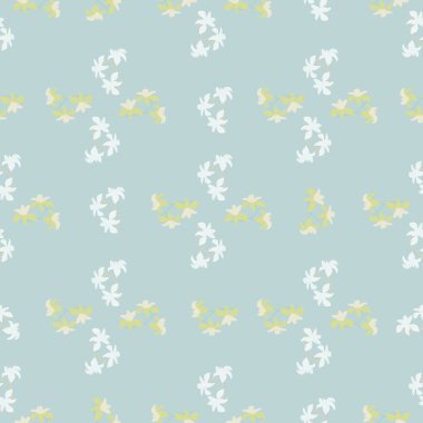 Soyut doğa el, karalama tropik çiçek şekilleriyle kusursuz desenler çizdi. Pastel mavi arka plan. Kumaş tasarımı, tekstil baskısı, ambalaj ve kapak için tasarlandı. Vektör illüstrasyonu.