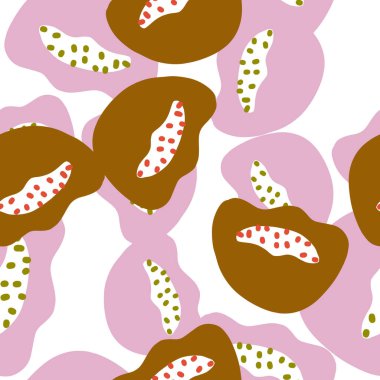 Kahverengi ve leylak rengi rastgele soyut şekillerle yaratıcı, çağdaş, pürüzsüz desenler. İzole arka plan. Kumaş tasarımı için dekoratif zemin, tekstil baskısı, ambalaj, kapak. Vektör illüstrasyonu.