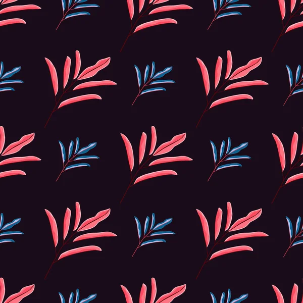 粉色和蓝色简单的叶子轮廓无缝的图案 黑色背景 对比植物的背景 设计用于面料设计 纺织品印花 矢量说明 — 图库矢量图片