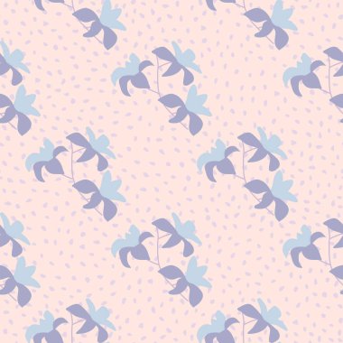 Kusursuz egzotik doğa, mavi Hawaii çiçek elementleriyle kusursuz desen. Pembe noktalı arka plan. Kumaş tasarımı, tekstil baskısı, ambalaj ve kapak için mükemmel. Vektör illüstrasyonu.