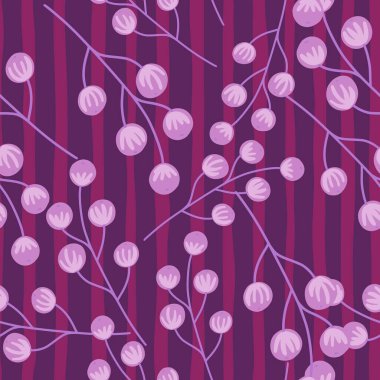 Pastel mor rastlantısal dut süslemesi, dikişsiz yemek kalıbı. Çizgili arka plan. Bahar süsü. Kumaş tasarımı, tekstil baskısı, ambalaj ve kapak için tasarlandı. Vektör illüstrasyonu.