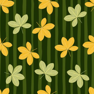 Sarı ve yeşil renkli rastgele çizgili çiçekler kusursuz desen. Yeşil çizgili arka plan. Kumaş tasarımı, tekstil baskısı, ambalaj ve kapak için mükemmel. Vektör illüstrasyonu.