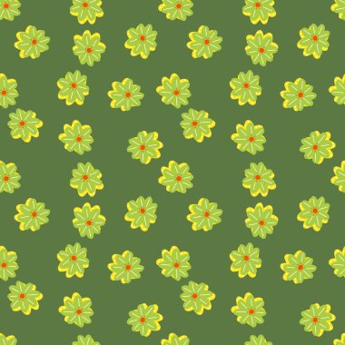 Çiçeksiz desen ve papatya çiçeği süsü. Yeşil renkli skandal süsü. Kumaş tasarımı, tekstil baskısı, ambalaj ve kapak için tasarlandı. Vektör illüstrasyonu.