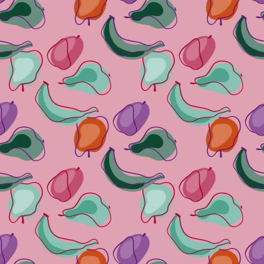 Egzotik meyve siluetleriyle mevsimsel hasat deseni: muz, elma, erik, armut. Pembe arka plan. Kumaş tasarımı, tekstil baskısı, ambalaj ve kapak için tasarlandı. Vektör illüstrasyonu.