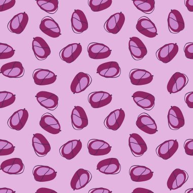 Vitamin, küçük, soyut erikler, siluetler, kusursuz desenler. Pastel arka plan. Vitamin meyveleri. Kumaş tasarımı, tekstil baskısı, ambalaj ve kapak için mükemmel. Vektör illüstrasyonu.