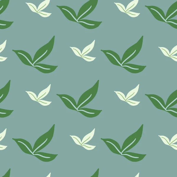 Grün Weiße Minimalistische Blätter Nahtlos Doodle Muster Blauer Hintergrund Botanische — Stockvektor