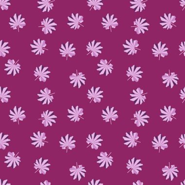 Rastgele küçük pembe orman yaprağı siluetleri şekillendirir. Mor parlak arkaplan. Çiçek arkaplanı. Kumaş tasarımı, tekstil baskısı, ambalaj ve kapak için tasarlandı. Vektör illüstrasyonu.
