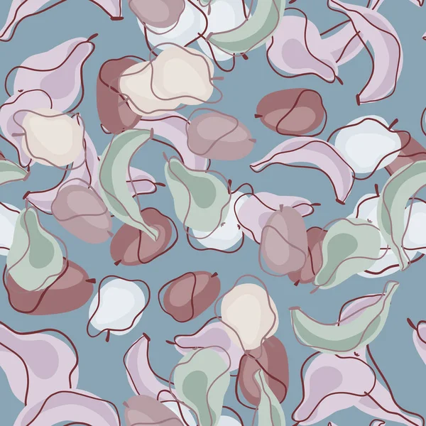 Soluk renkler, hatları çizilmiş elmalar, muzlar, armutlar ve eriklerle pürüzsüz meyve deseni. Mavi arka plan. Rastgele bir süs. Kumaş tasarımı, tekstil baskısı, ambalaj ve kapak için tasarlandı. Vektör illüstrasyonu.