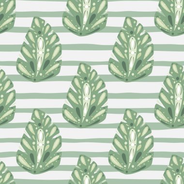 Folk canavarı yapraklı, pürüzsüz yeşil palet deseni. Çizgili arka plan. Tropikal zemin. Kumaş tasarımı için dekoratif zemin, tekstil baskısı, ambalaj, kapak. Vektör illüstrasyonu.