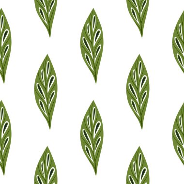 Yeşil yaprak elementleri olan bitkisel, pürüzsüz desen. İzole edilmiş sanat eseri. Botanik çiçeği arkaplanı. Kumaş tasarımı, tekstil baskısı, ambalaj ve kapak için tasarlandı. Vektör illüstrasyonu.