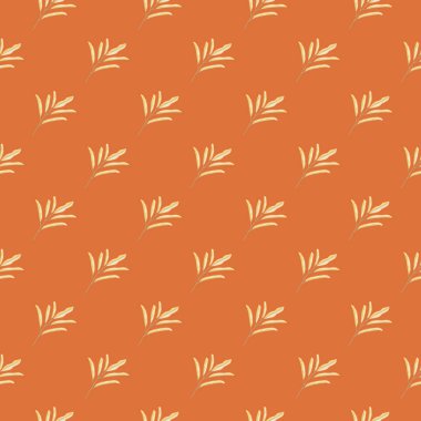 Sarı soyut basit yaprak dalları süslemesiz desen. Turuncu arka plan. Doodle tarzı. Kumaş tasarımı, tekstil baskısı, ambalaj ve kapak için tasarlandı. Vektör illüstrasyonu.