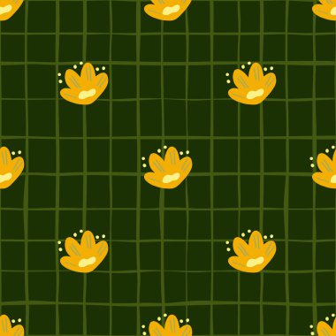 Albüm, parlak sarı çocuksu çiçek desenli, soyut, pürüzsüz desen. Yeşil kareli arka plan. Kumaş tasarımı, tekstil baskısı, ambalaj ve kapak için tasarlandı. Vektör illüstrasyonu.