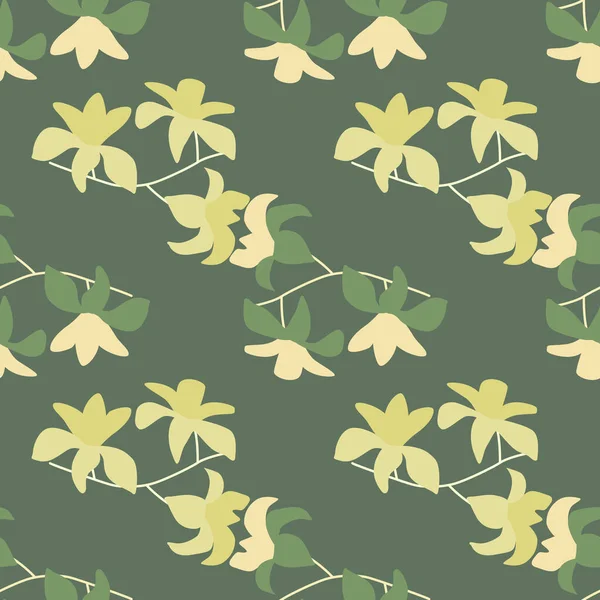 Frühling Nahtlose Muster Mit Gelben Zufälligen Hawaii Blumen Ornament Grüner — Stockvektor