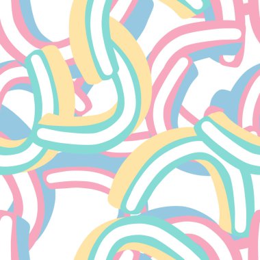 Pembe, sarı ve mavi gökkuşağı şekilli, kusursuz bir yaz havası. İzole arka plan. Basit bir parmak izi. Kumaş tasarımı, tekstil baskısı, ambalaj ve kapak için mükemmel. Vektör illüstrasyonu.