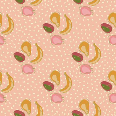 Doğal organik meyveler dikişsiz desen Wirh muzları, elmaları, erikleri ve armutları karalıyor. Pembe noktalı arka plan. Kumaş tasarımı, tekstil baskısı, ambalaj ve kapak için tasarlandı. Vektör illüstrasyonu.
