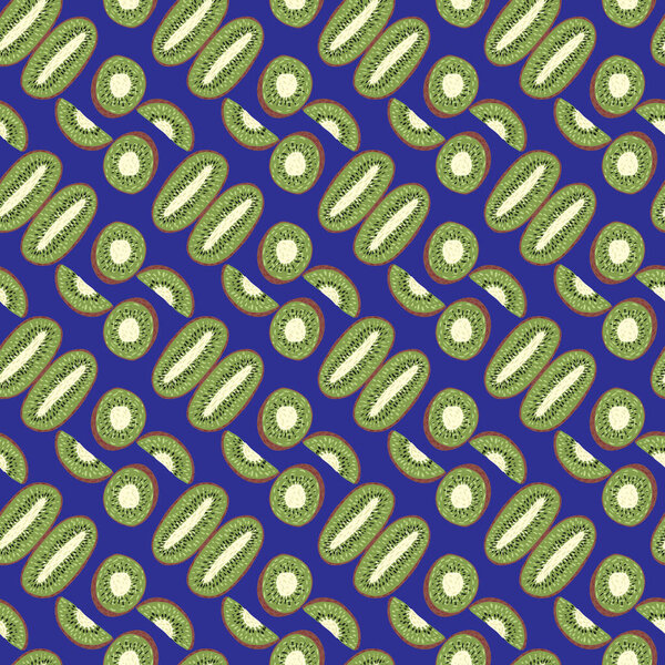 Абстрактный летний узор с маленькими киви и силуэтами. Синий фон. Образы каракулей. Отлично подходит для дизайна, текстильной печати, обертывания, обложки. Векторная иллюстрация.