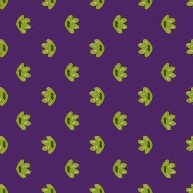 Yeşil, parlak, çocuksu çiçek elementleriyle soyut, kusursuz desen. Mor arka plan. Modern baskı. Kumaş tasarımı, tekstil baskısı, ambalaj ve kapak için tasarlandı. Vektör illüstrasyonu.