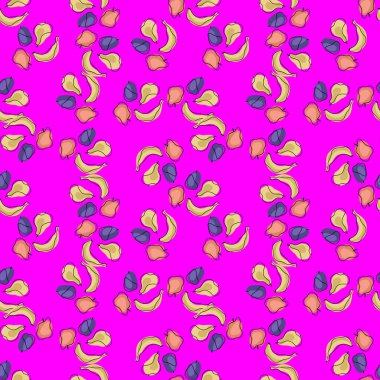 Soyut hasat, küçük muzlar, elmalar, erikler ve armutlar ile kusursuz yaz şablonu. Pembe arka plan. Kumaş tasarımı, tekstil baskısı, ambalaj ve kapak için tasarlandı. Vektör illüstrasyonu.