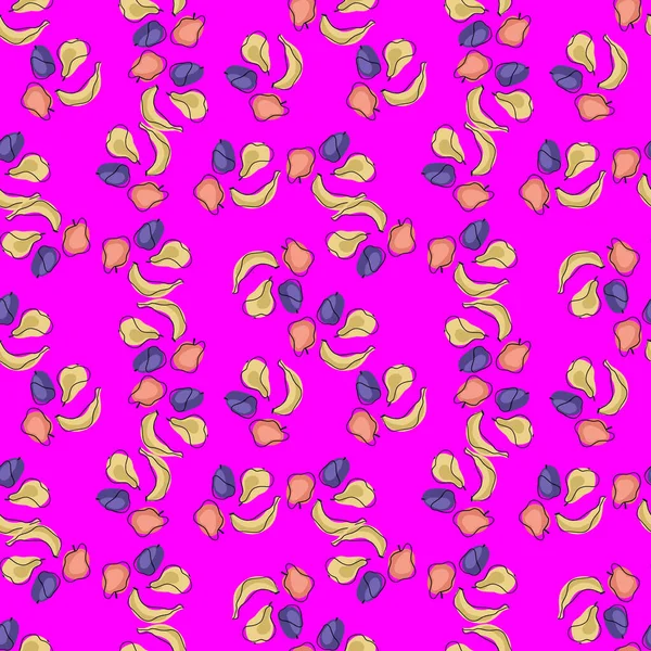 Soyut hasat, küçük muzlar, elmalar, erikler ve armutlar ile kusursuz yaz şablonu. Pembe arka plan. Kumaş tasarımı, tekstil baskısı, ambalaj ve kapak için tasarlandı. Vektör illüstrasyonu.