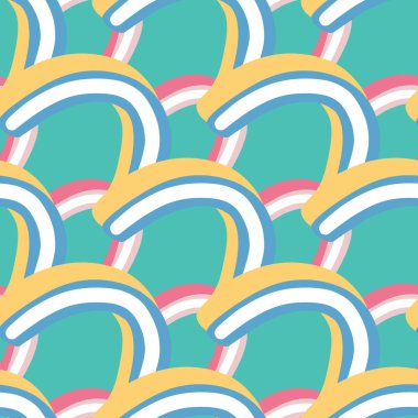 Pembe, turkuaz ve sarı gökkuşağı şekilleri karalama tarzında kusursuz desenler oluşturur. Renkli baskı. Kumaş tasarımı, tekstil baskısı, ambalaj ve kapak için mükemmel. Vektör illüstrasyonu.