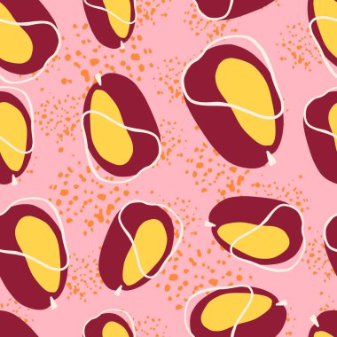 Yaratıcı erik siluetleri ile soyut rastgele şekillendirilmiş kusursuz desen. Pembe arka planda su sıçraması. Yemek baskısı. Kumaş tasarımı, tekstil baskısı, ambalaj ve kapak için mükemmel. Vektör illüstrasyonu.