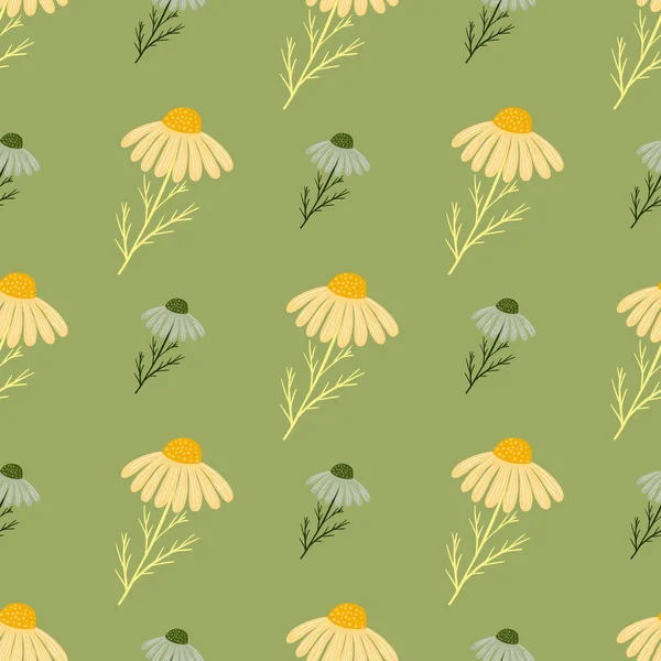 Patrón Inconsútil Flores Manzanilla Amarillas Azules Estilo Floral Fondo Verde — Archivo Imágenes Vectoriales