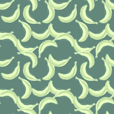 Yeşil rastgele muz meyvesi şekilleriyle doğal, pürüzsüz desen. Açık yeşil arka plan. Karalama baskısı. Kumaş tasarımı, tekstil baskısı, ambalaj ve kapak için mükemmel. Vektör illüstrasyonu.