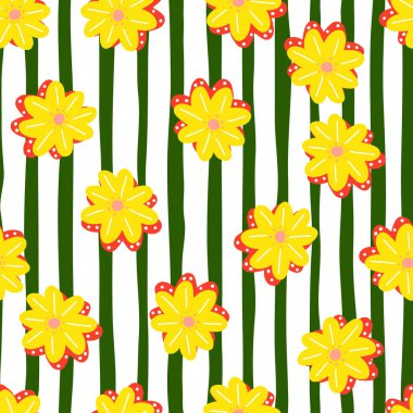 Yaz mevsimi, parlak sarı Margierite çiçek süsüyle kusursuz desen. Çizgili arka plan. Kumaş tasarımı, tekstil baskısı, ambalaj ve kapak için tasarlandı. Vektör illüstrasyonu.