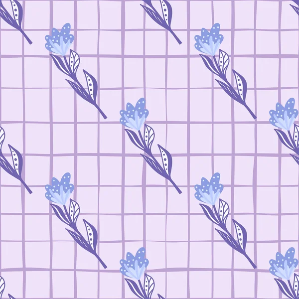 Diagonale Blauwe Paarse Bloemen Elementen Naadloze Doodle Patroon Grijs Geruite — Stockvector