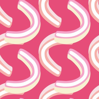 Beyaz jöle şekerli, dikişsiz, komik desenli tatlı baskı. Parlak pembe arka plan. Yazı stili. Kumaş tasarımı için dekoratif zemin, tekstil baskısı, ambalaj, kapak. Vektör illüstrasyonu.