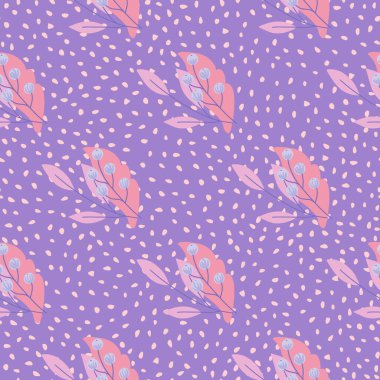 Soyut stil organik desenli, pembe dutlu ve yapraklı süs. Noktalı mor arkaplan. Kumaş tasarımı, tekstil baskısı, ambalaj ve kapak için tasarlandı. Vektör illüstrasyonu.