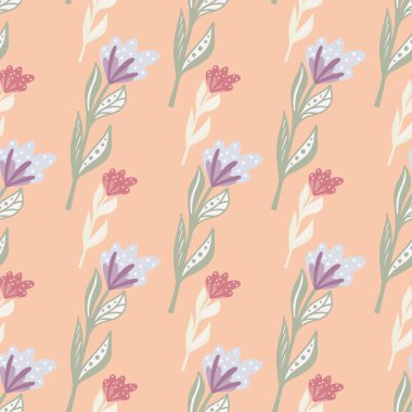 Çiçeksiz yaz deseni, mavi ve yeşil renkli çiçek siluetleri. Pastel arka plan. Kumaş tasarımı, tekstil baskısı, ambalaj ve kapak için tasarlandı. Vektör illüstrasyonu.